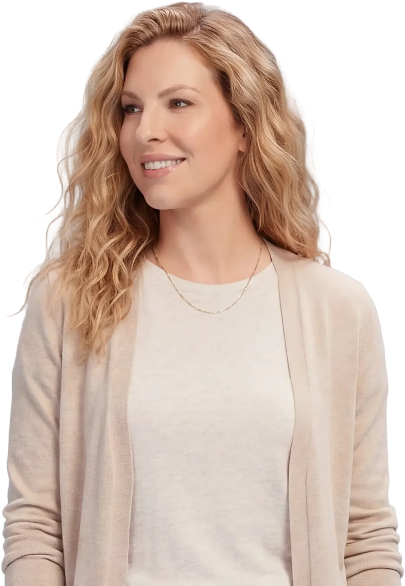 A woman standing calmly against a soft blue background