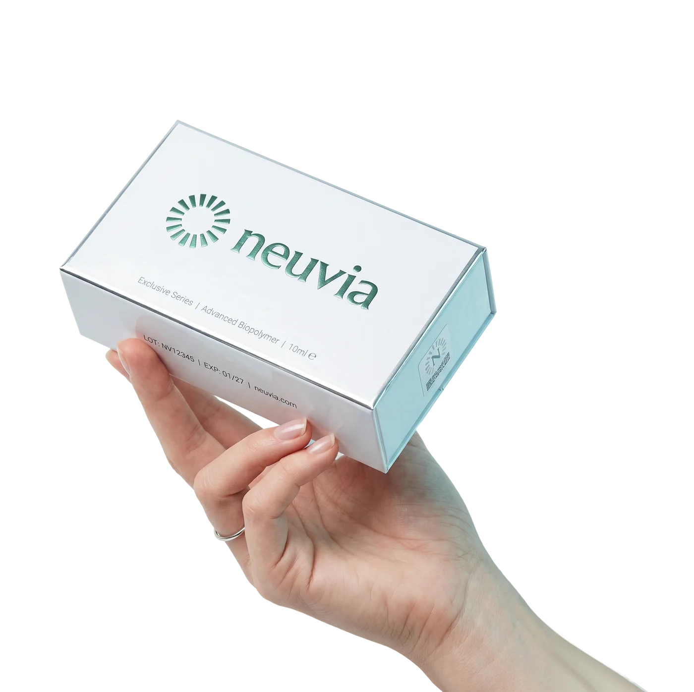 A hand holding a discreet Neuvia treatment box