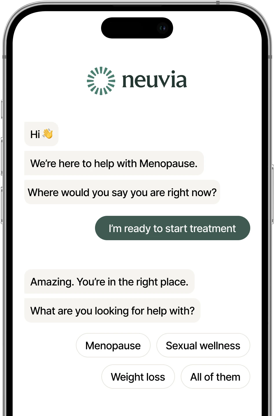 Neuvia's chat-based intake conversation on a phone