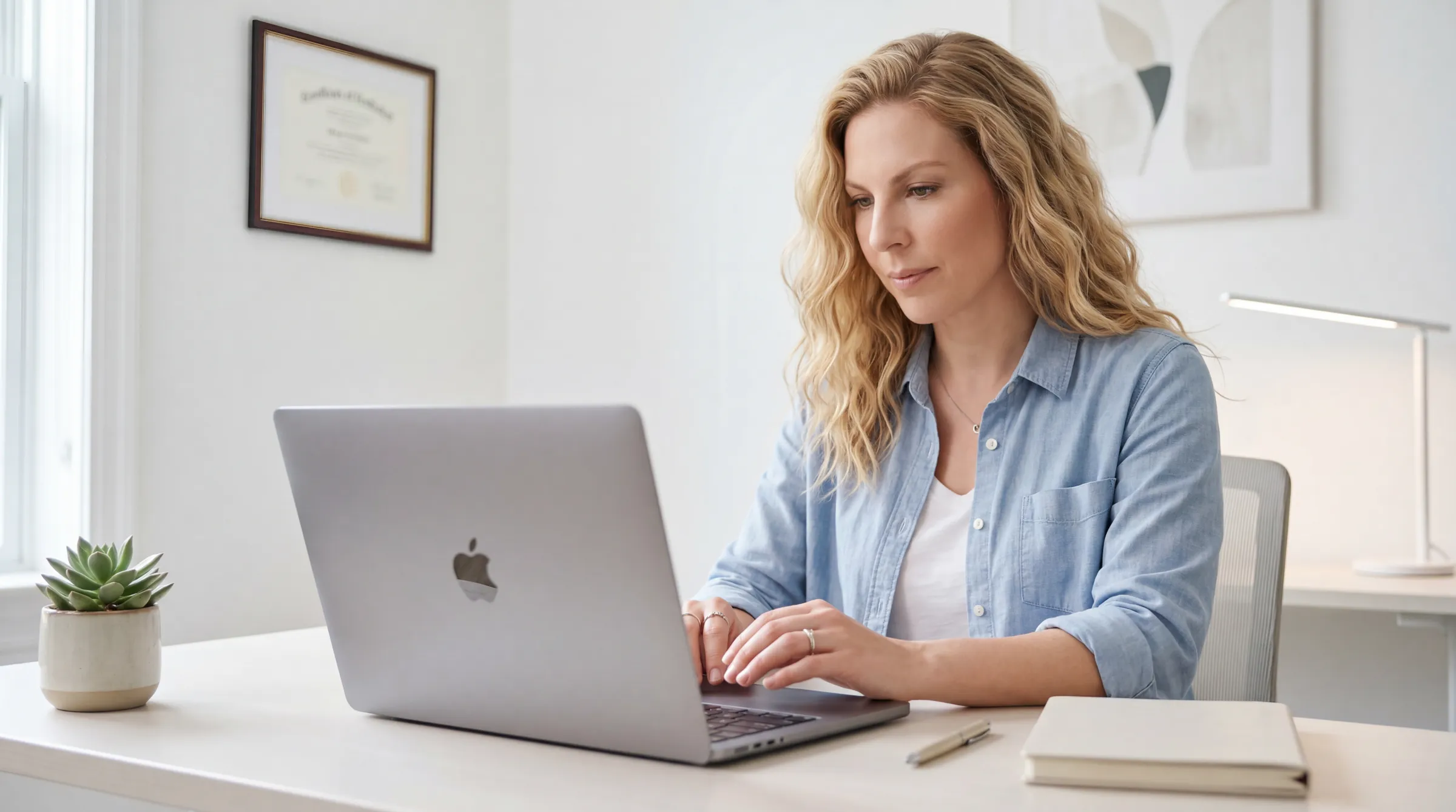 A licensed clinician reviewing a case on a laptop in a bright office