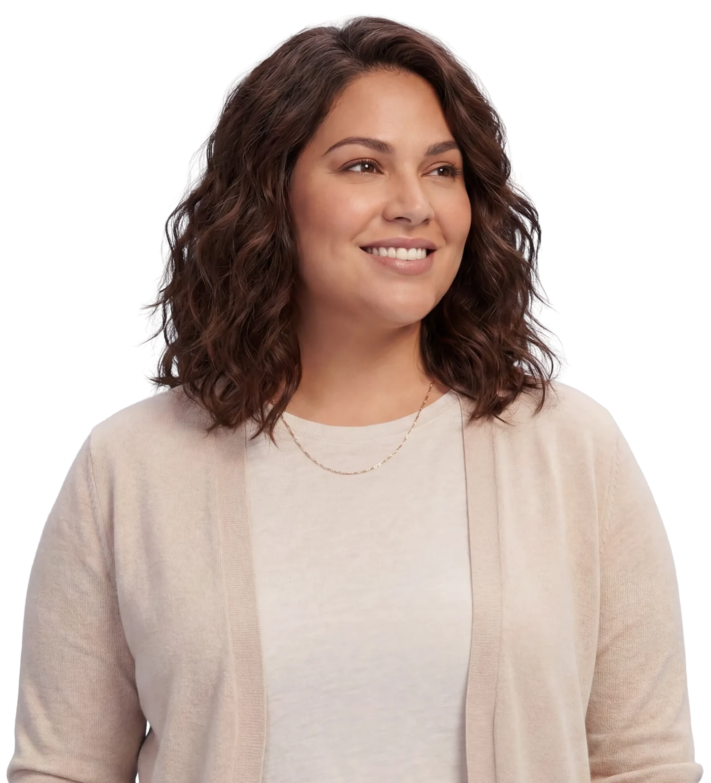 A woman smiling softly