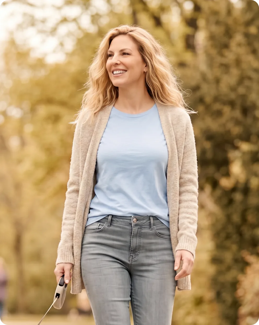 Woman walking outdoors on an autumn path, smiling