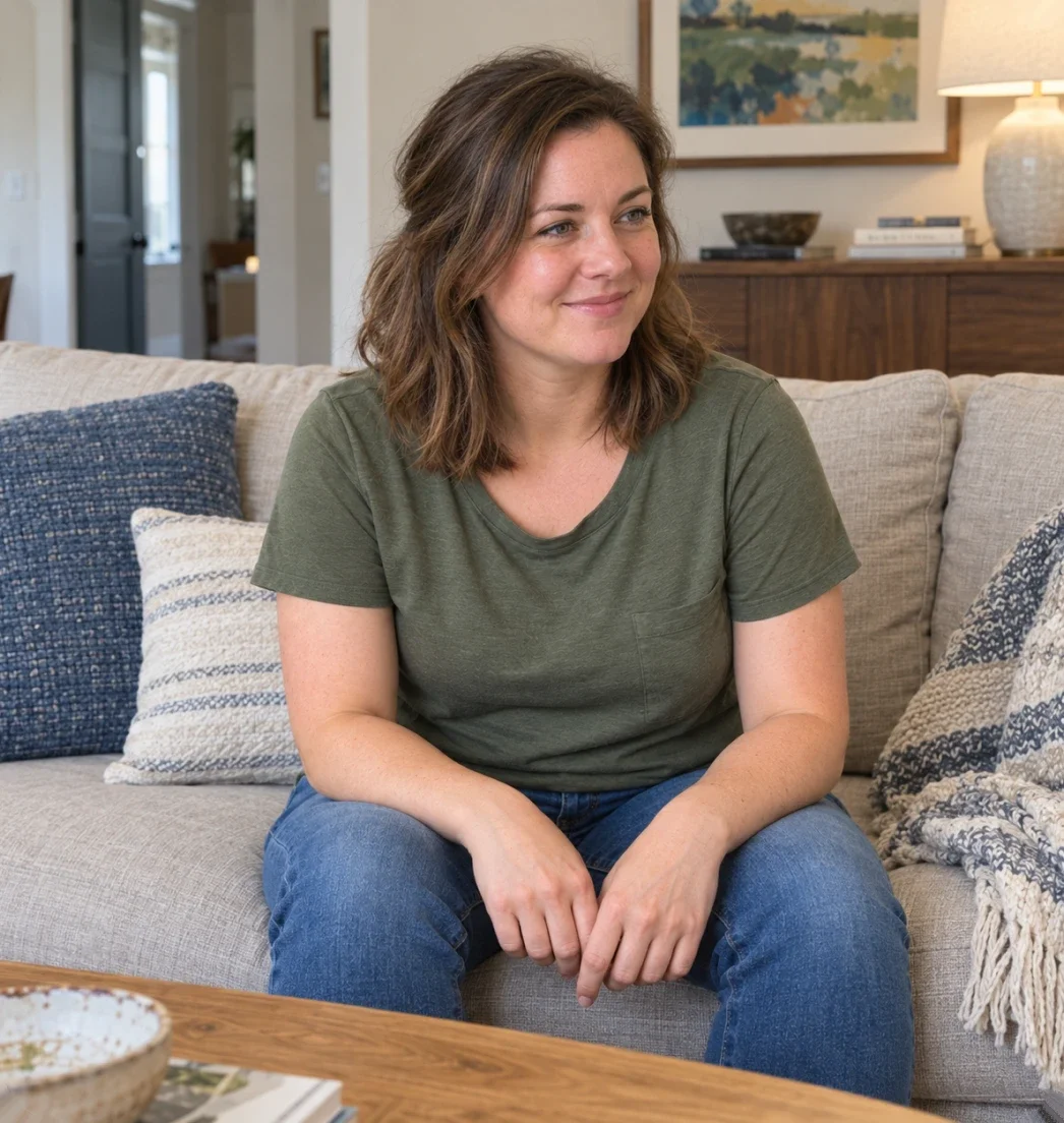 Woman in a green T-shirt smiling on a sofa at home