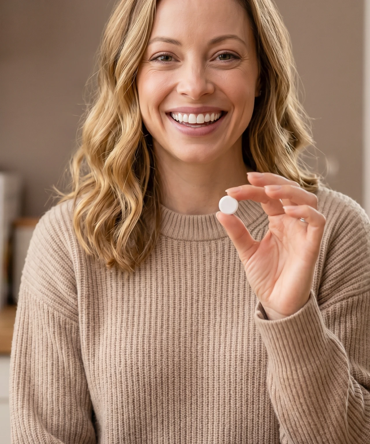 Woman smiling while holding up a dissolvable tablet