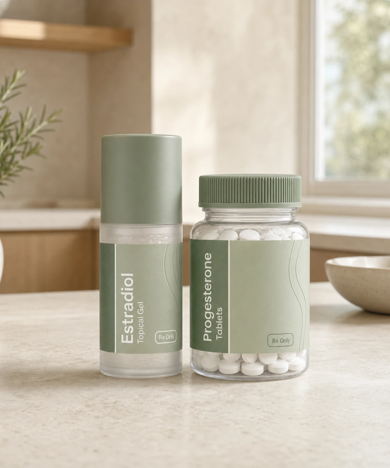 Estradiol gel and progesterone tablets on a kitchen counter
