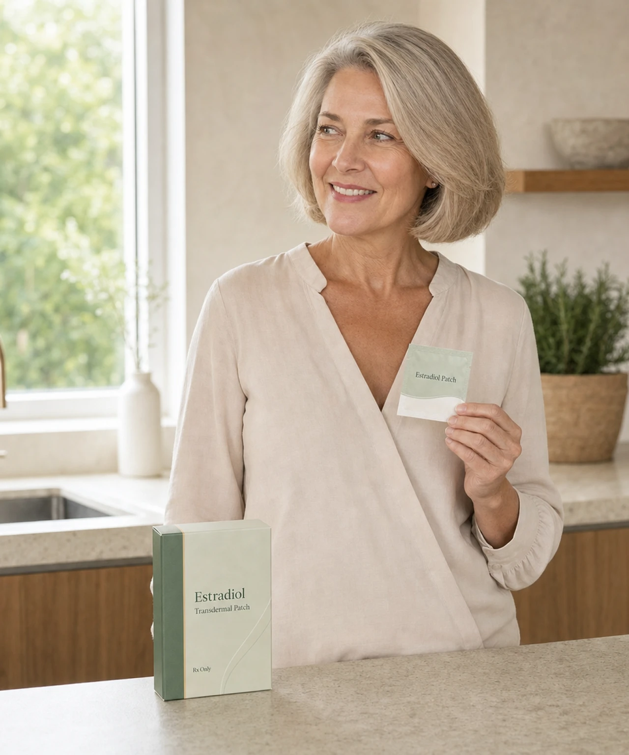 Woman in a kitchen holding a box of estradiol patches