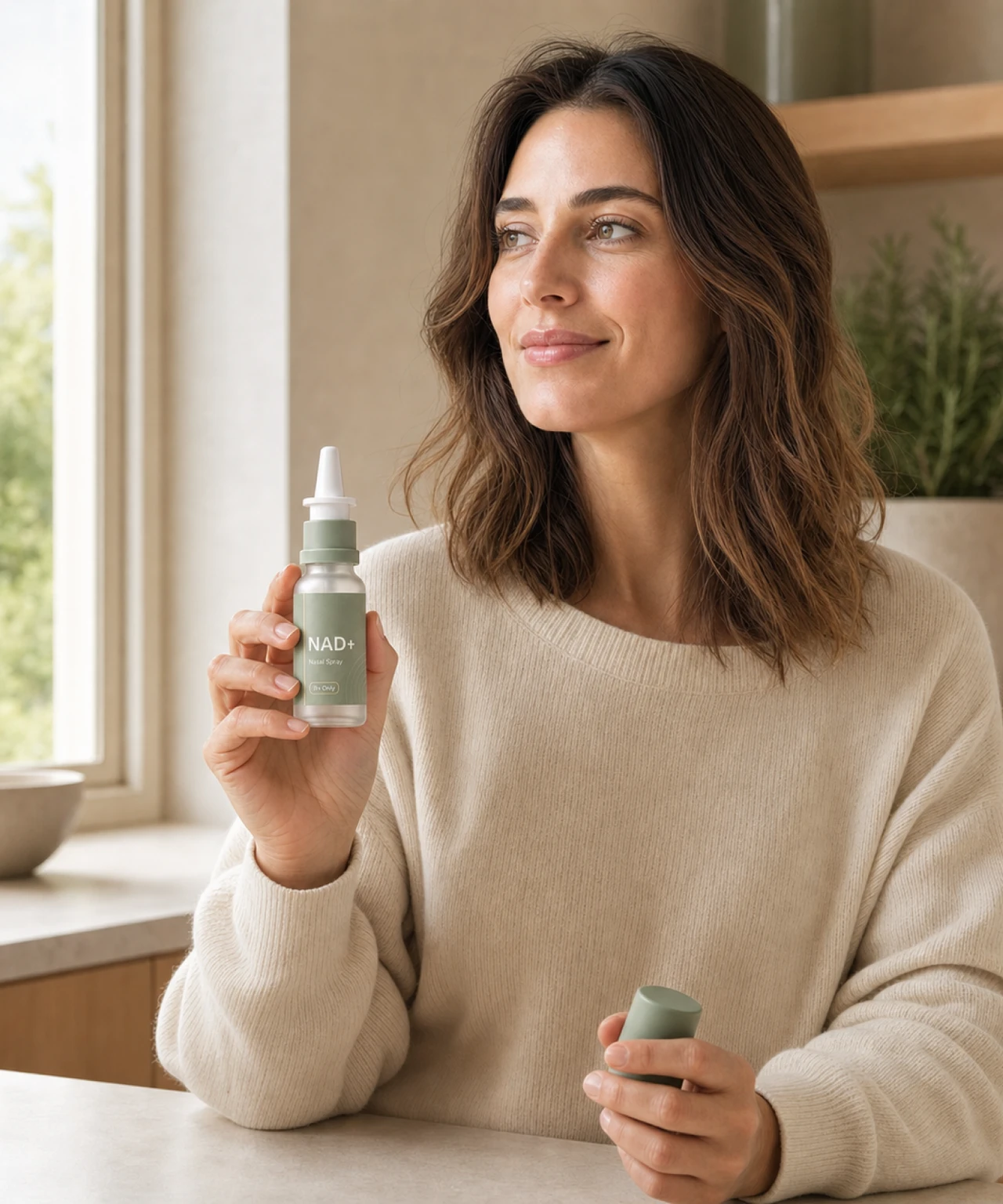 Woman at a kitchen counter holding the NAD+ nasal spray
