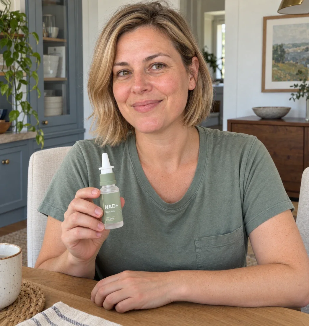 Woman at a dining table smiling and holding up the NAD+ nasal spray