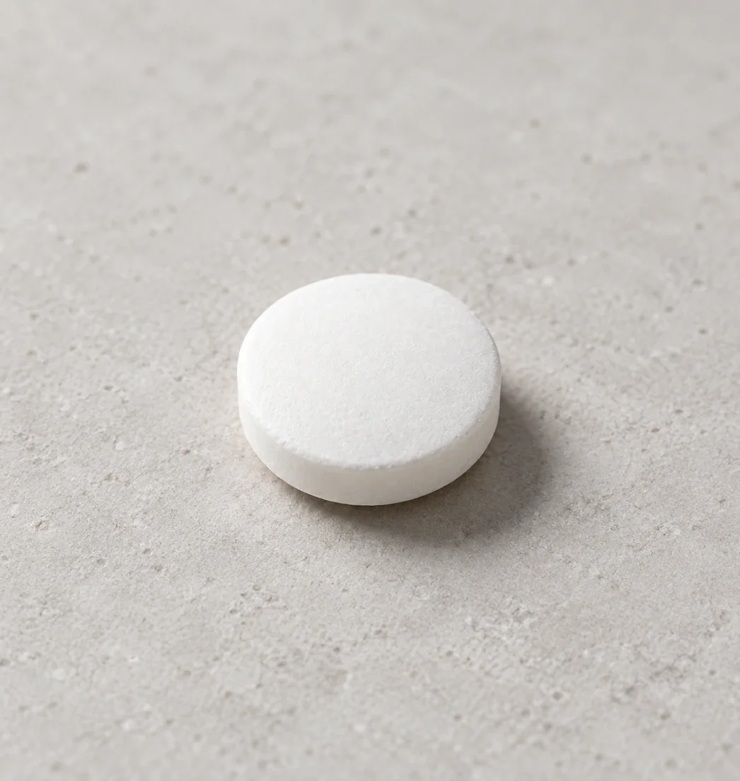 Close-up of a round white tablet on a stone surface