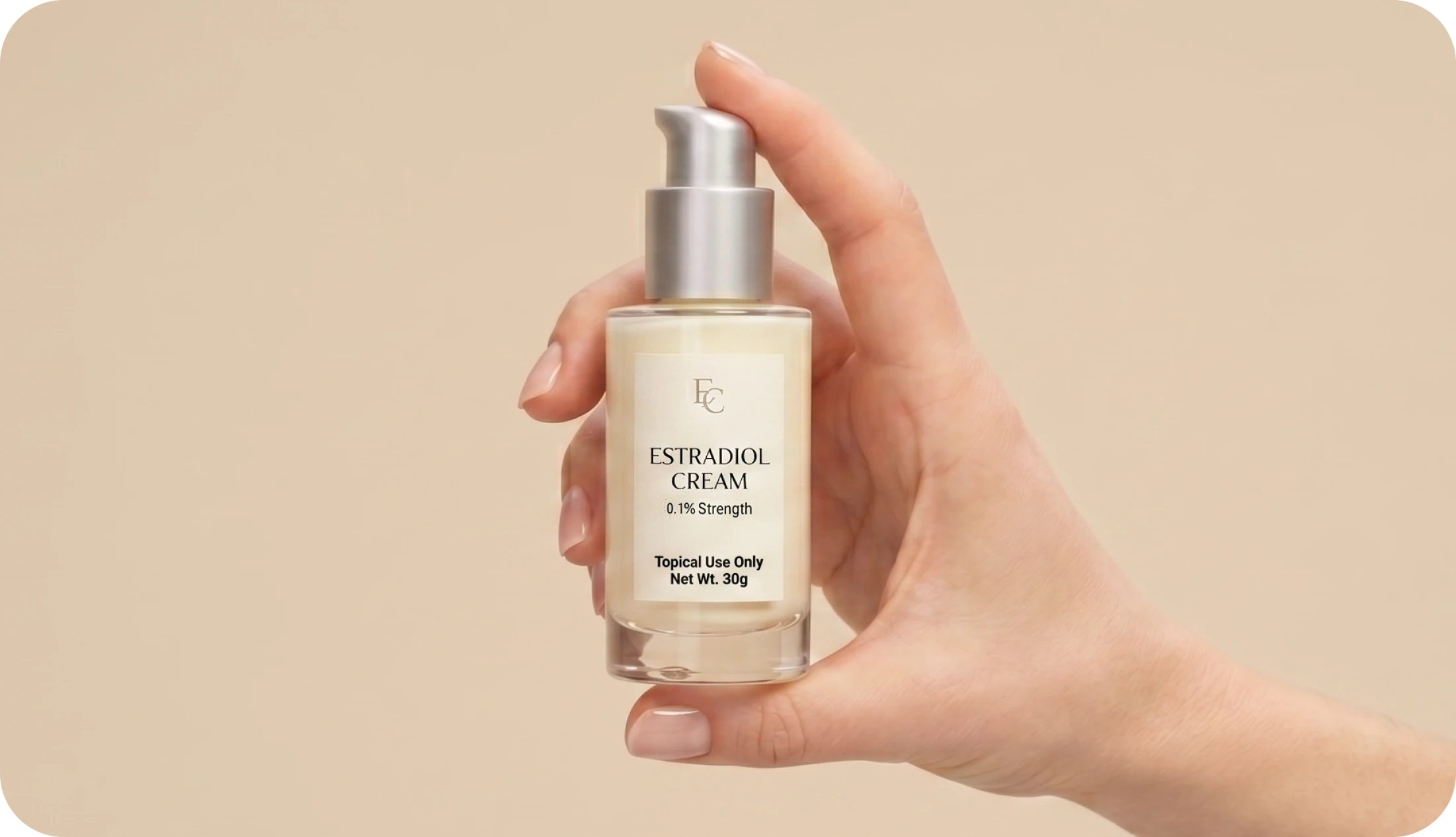 Hand holding estradiol cream pump bottle