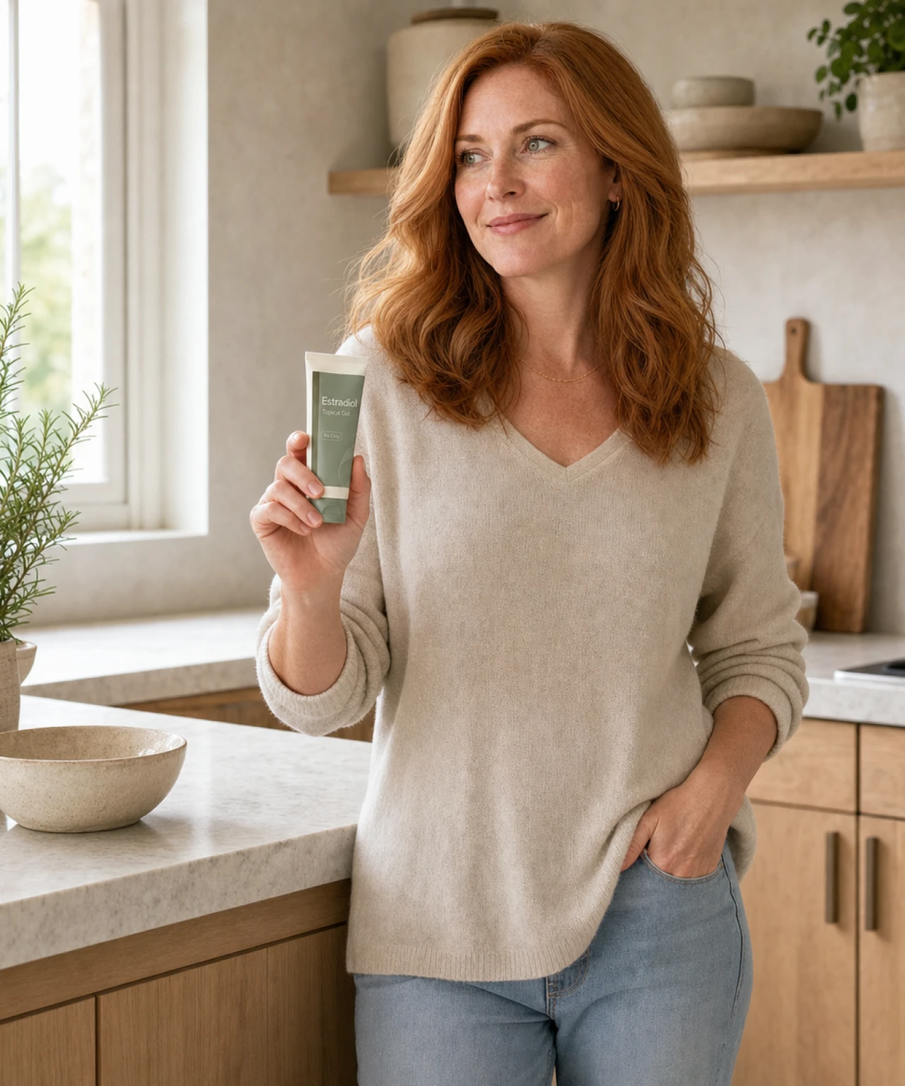 Woman in a kitchen holding a tube of vaginal estradiol cream